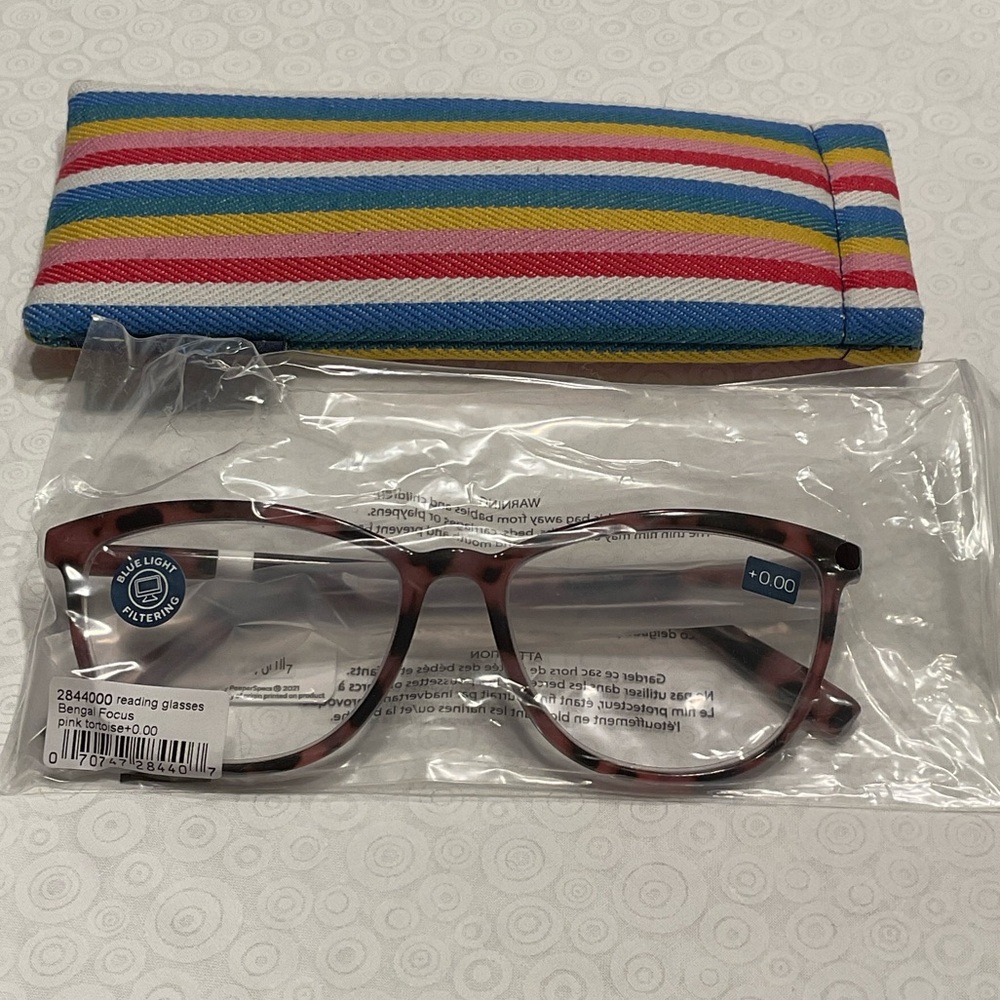 Bengal Focus Pink Tortoise Shell Glasses with Striped Case